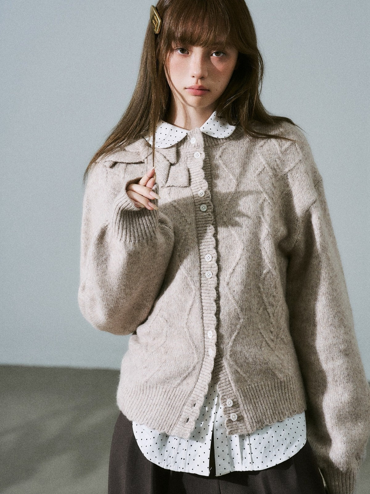LOST FOREST - Flower Camel Wool Blend Bow Cardigan