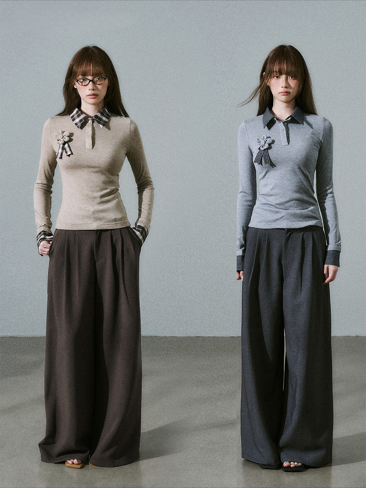 LOST FOREST - Gray Plaid Layered Knit Top with Detachable Brooch