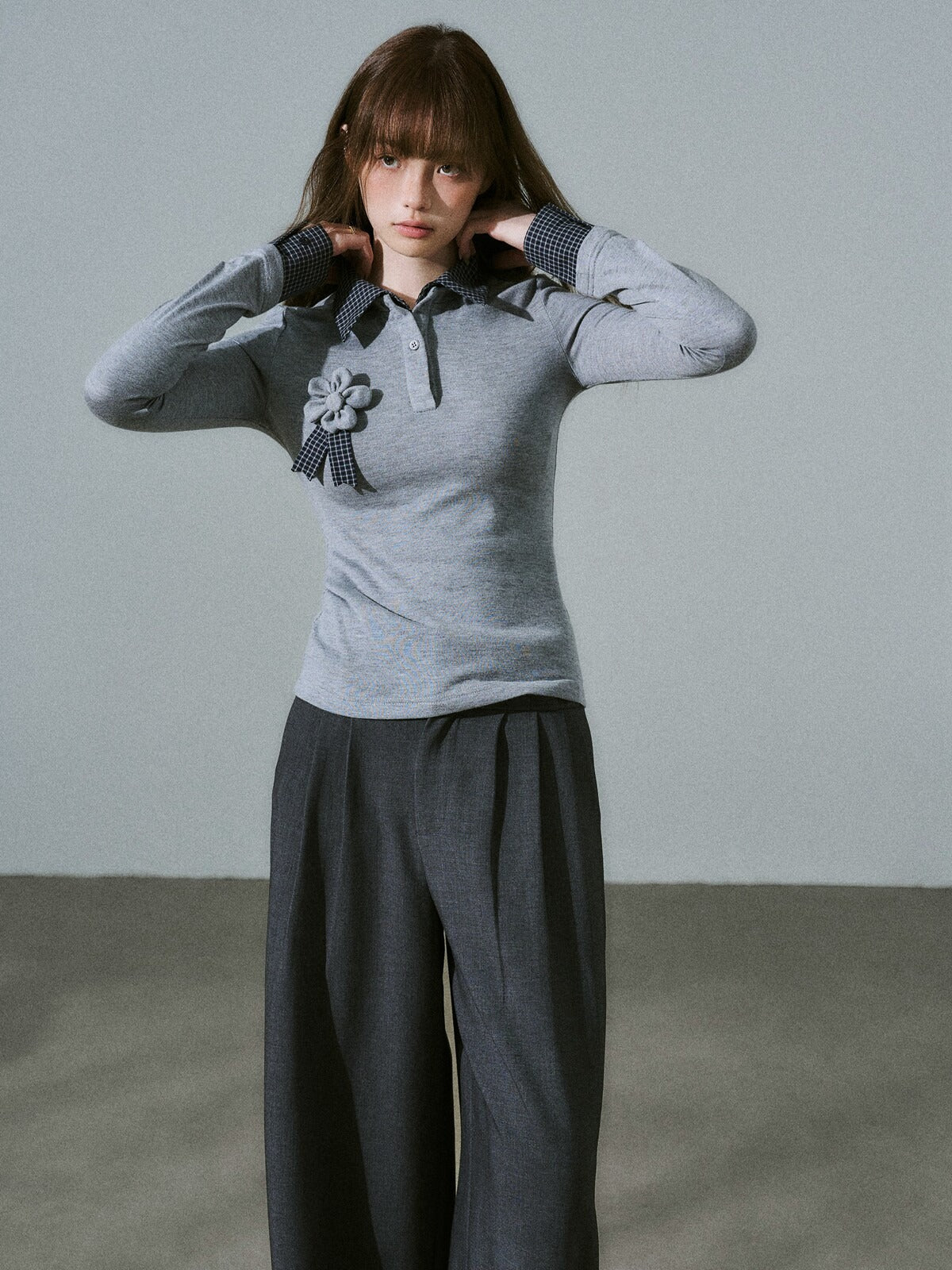 LOST FOREST - Gray Plaid Layered Knit Top with Detachable Brooch