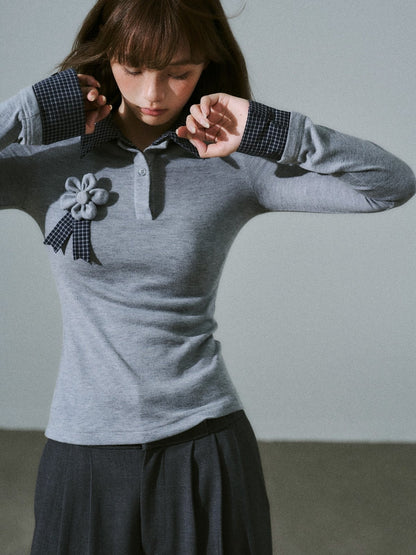 LOST FOREST - Gray Plaid Layered Knit Top with Detachable Brooch