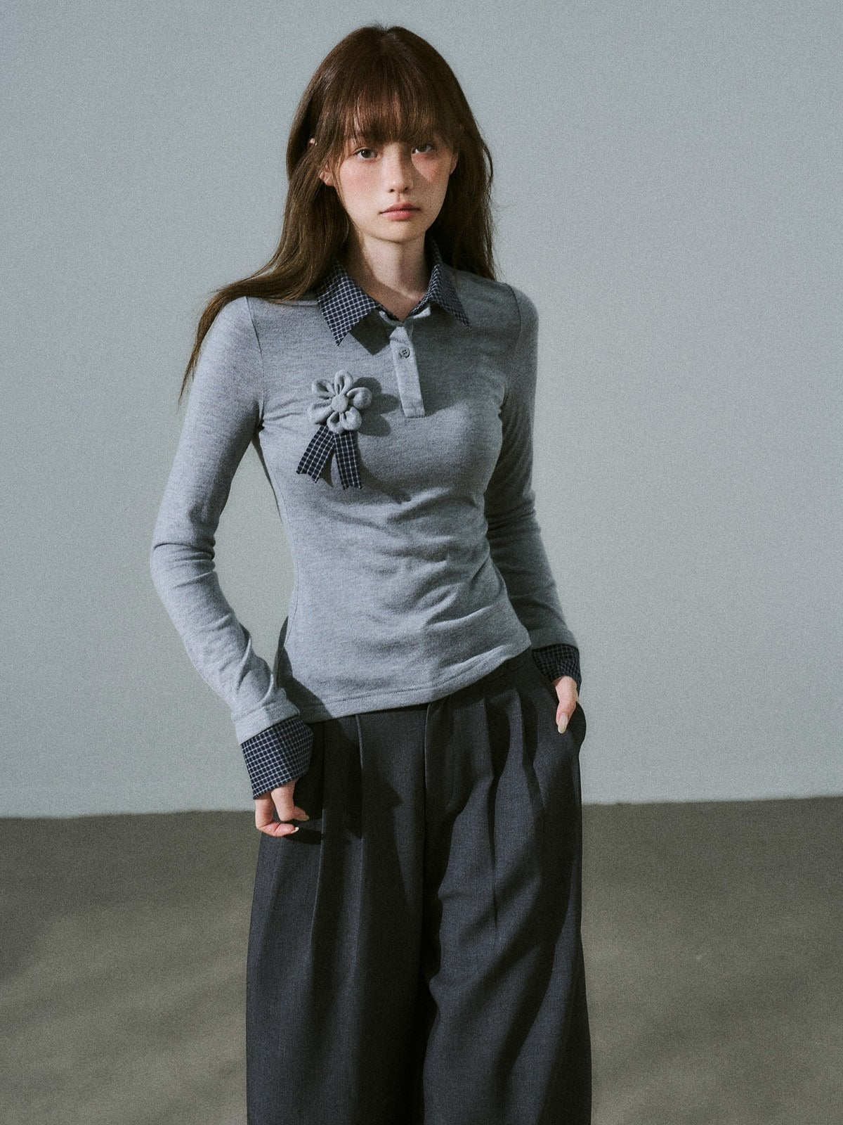 LOST FOREST - Gray Plaid Layered Knit Top with Detachable Brooch