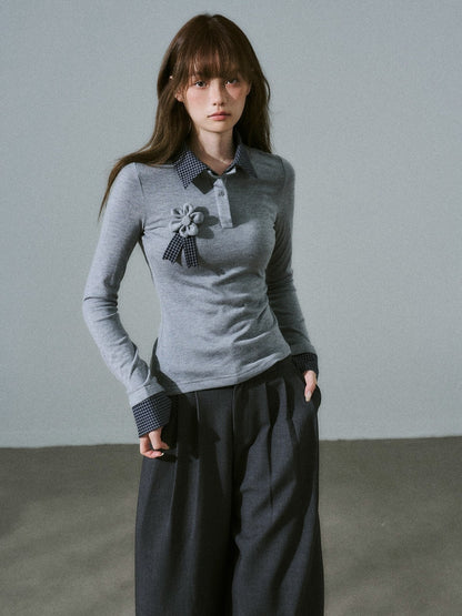 LOST FOREST - Gray Plaid Layered Knit Top with Detachable Brooch