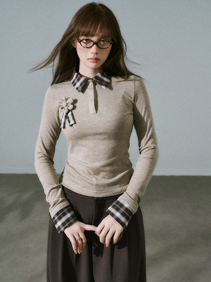 LOST FOREST - Brown Plaid Layered Knit Top with Detachable Brooch