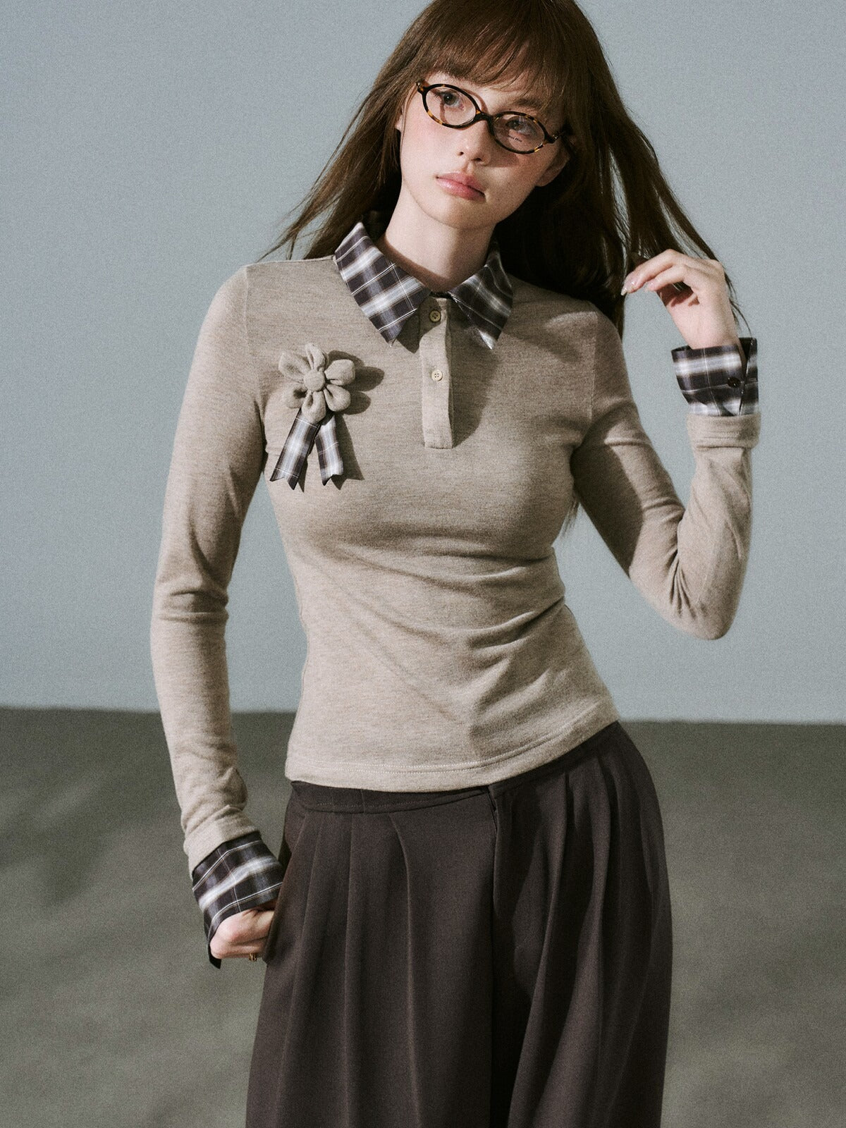 LOST FOREST - Brown Plaid Layered Knit Top with Detachable Brooch