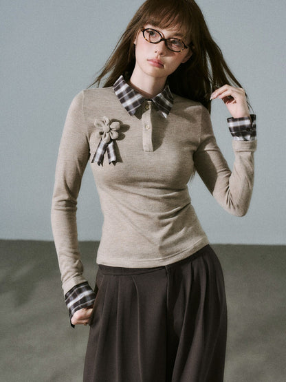 LOST FOREST - Brown Plaid Layered Knit Top with Detachable Brooch