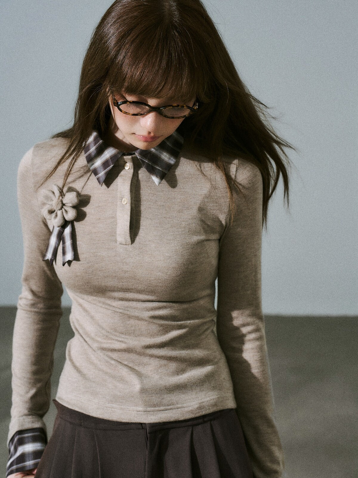LOST FOREST - Brown Plaid Layered Knit Top with Detachable Brooch