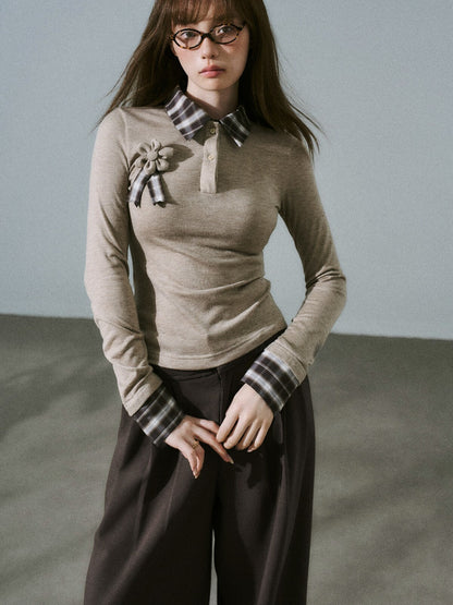 LOST FOREST - Brown Plaid Layered Knit Top with Detachable Brooch