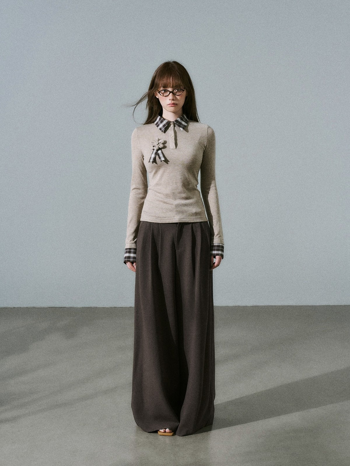 LOST FOREST - Brown Plaid Layered Knit Top with Detachable Brooch