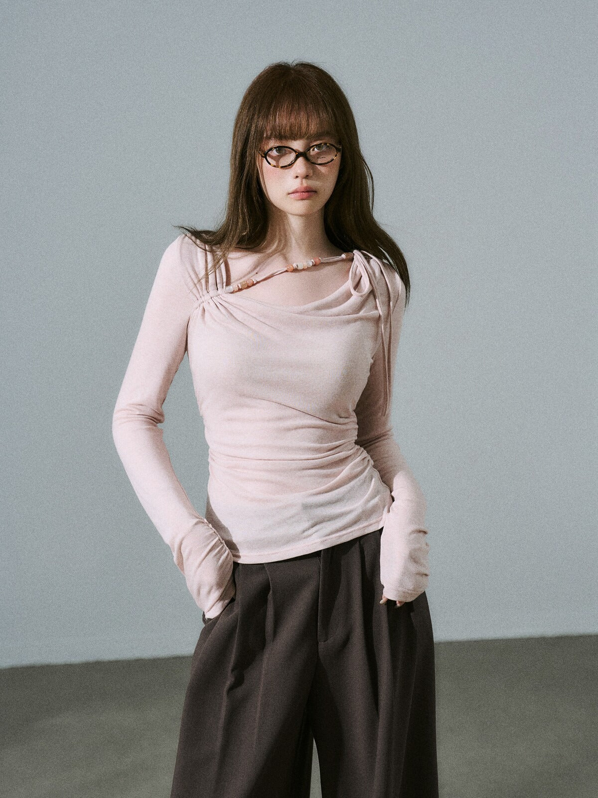 LOST FOREST - Dusty Rose Pink Ruched Wool Blend Top