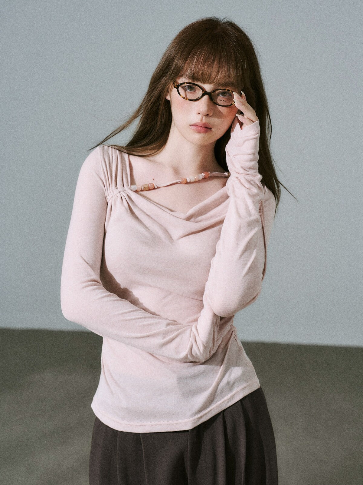 LOST FOREST - Dusty Rose Pink Ruched Wool Blend Top
