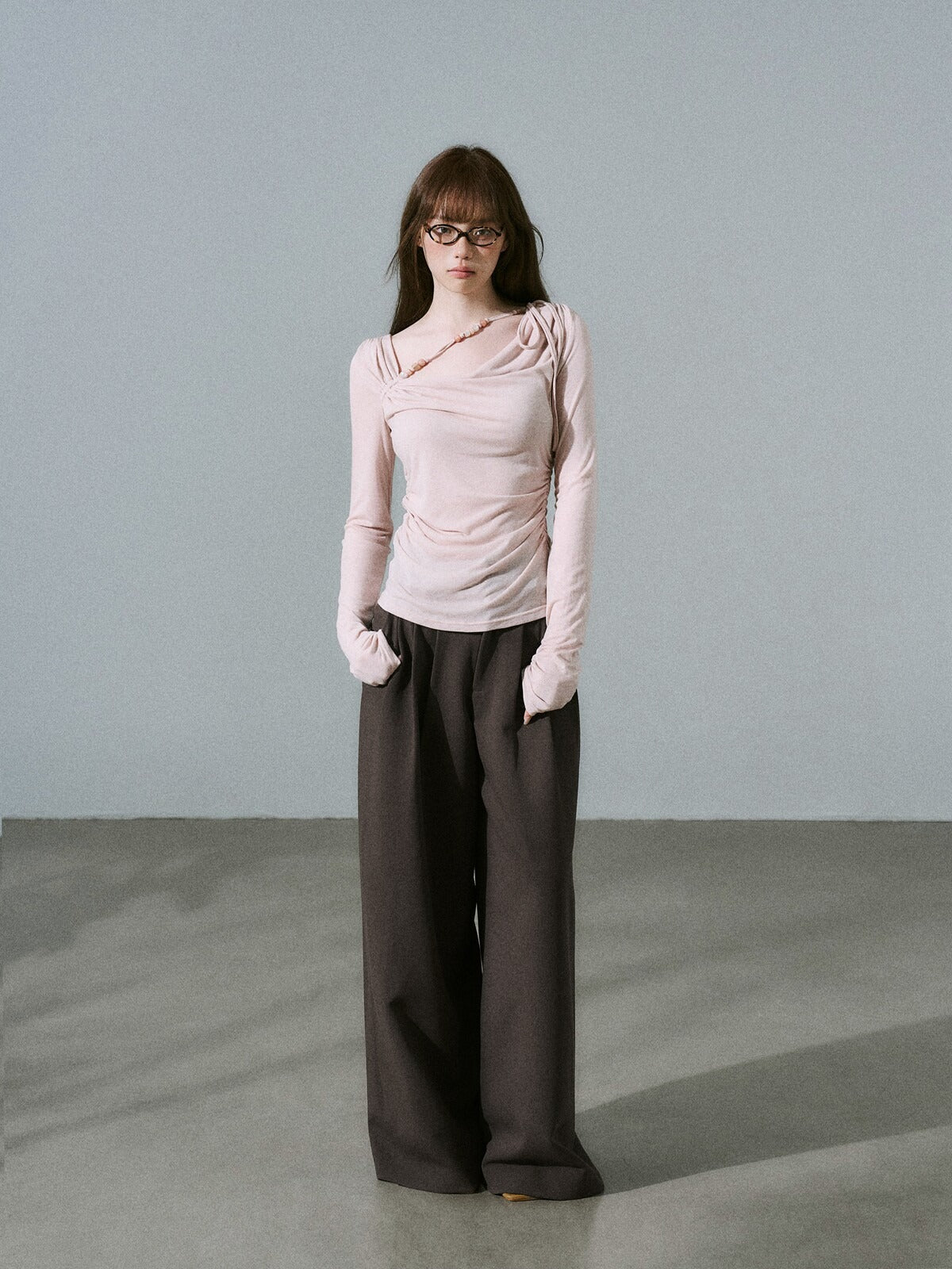 LOST FOREST - Dusty Rose Pink Ruched Wool Blend Top