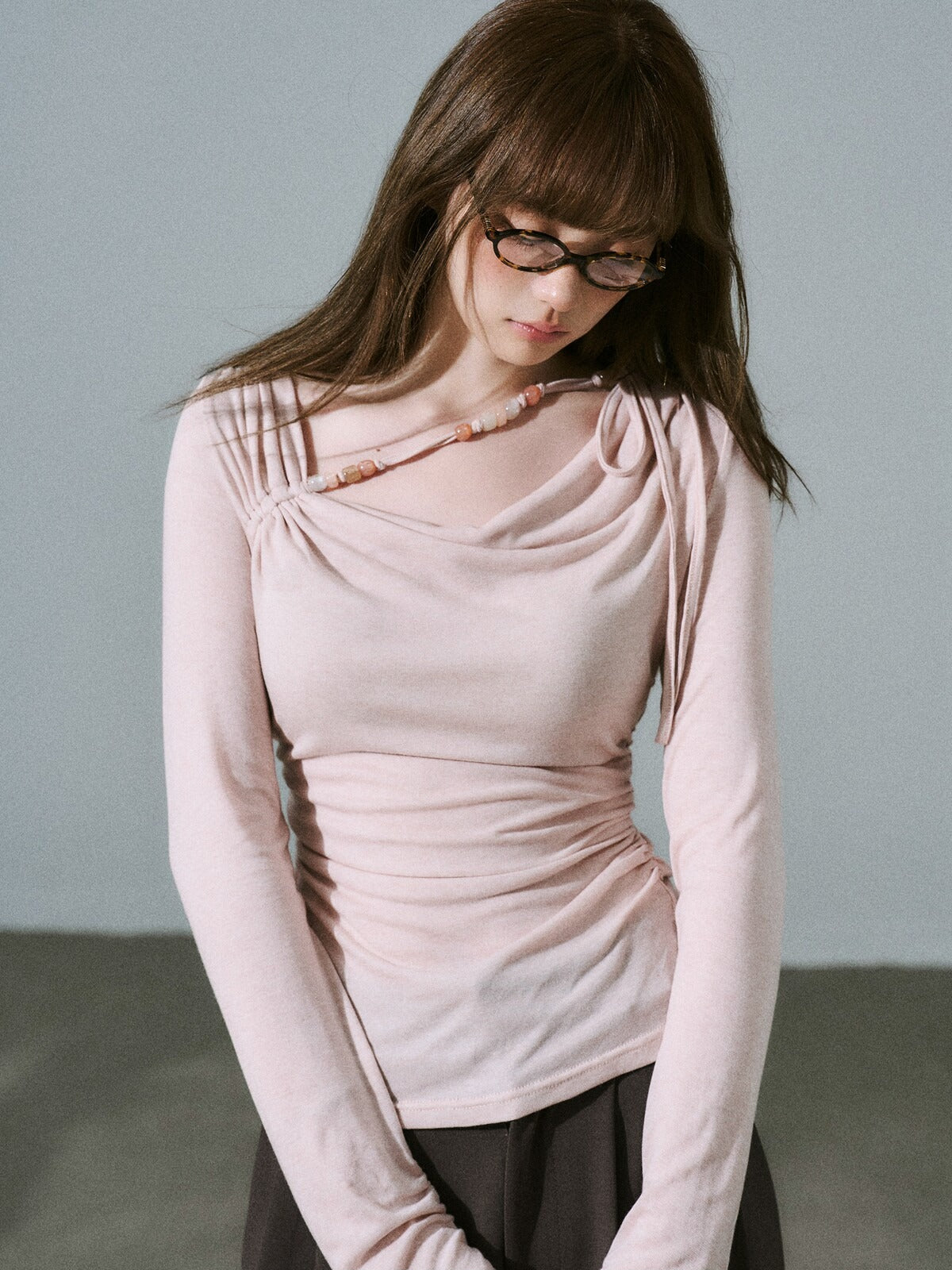 LOST FOREST - Dusty Rose Pink Ruched Wool Blend Top