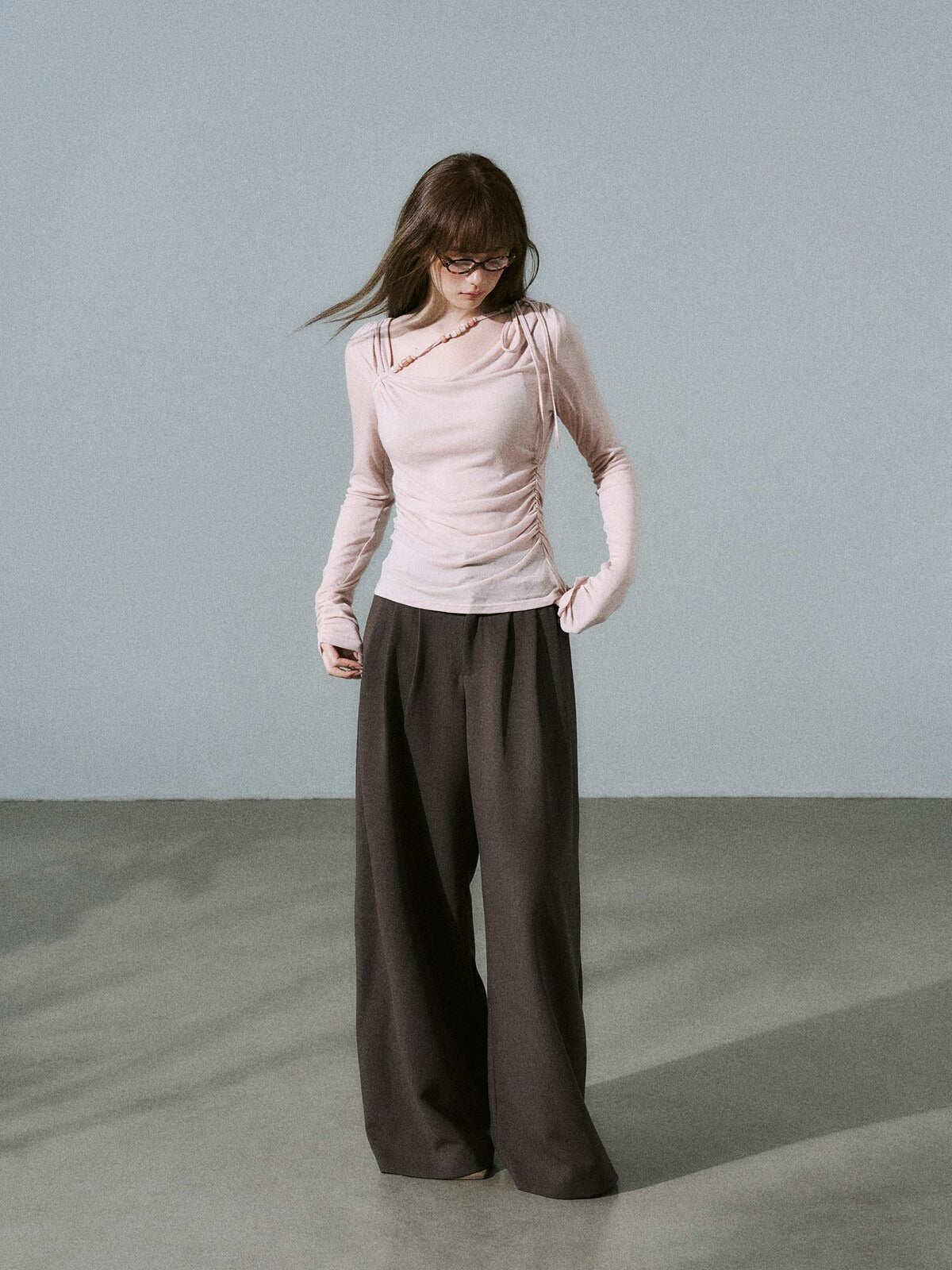 LOST FOREST - Dusty Rose Pink Ruched Wool Blend Top