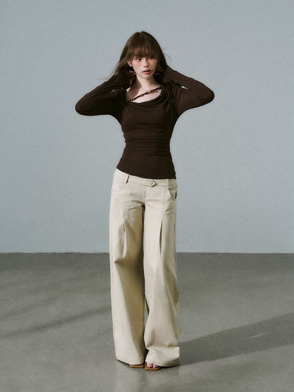 LOST FOREST - Dark Walnut Brown Ruched Wool Blend Top