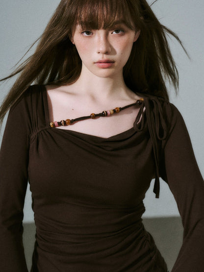 LOST FOREST - Dark Walnut Brown Ruched Wool Blend Top