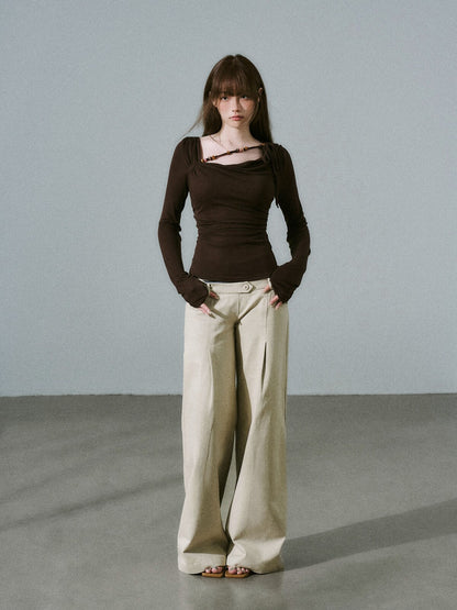 LOST FOREST - Dark Walnut Brown Ruched Wool Blend Top