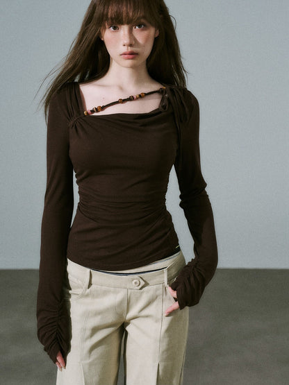 LOST FOREST - Dark Walnut Brown Ruched Wool Blend Top