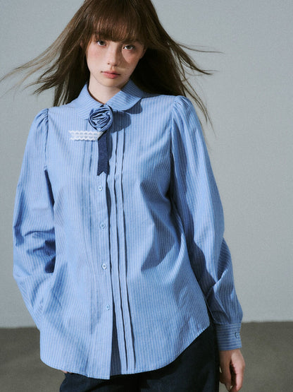LOST FOREST - Flower Brooch Linen-Blend Shirt (Blue Stripe / Pink Stripe / Polka Dot)