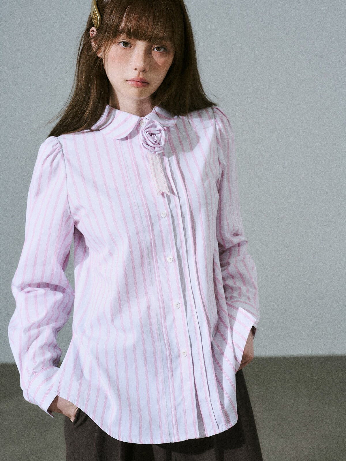 LOST FOREST - Flower Brooch Linen-Blend Shirt (Blue Stripe / Pink Stripe / Polka Dot)