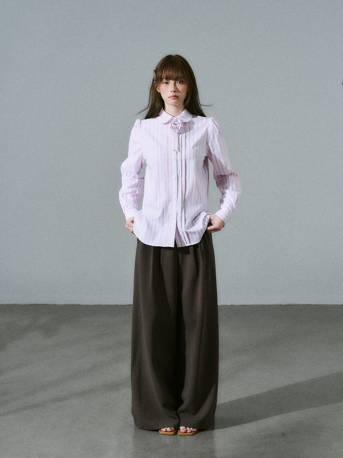 LOST FOREST - Flower Brooch Linen-Blend Shirt (Blue Stripe / Pink Stripe / Polka Dot)