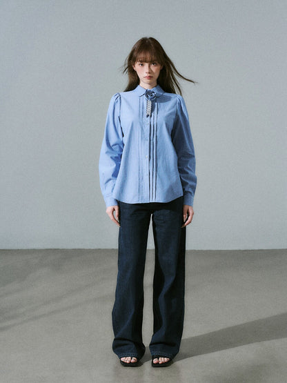 LOST FOREST - Flower Brooch Linen-Blend Shirt (Blue Stripe / Pink Stripe / Polka Dot)