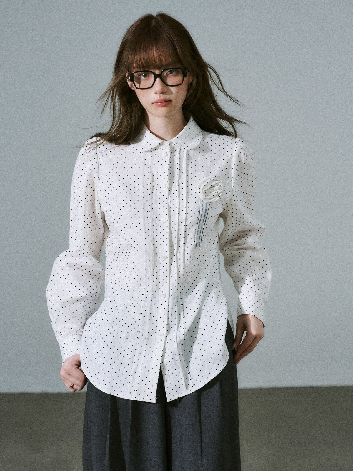 LOST FOREST - Flower Brooch Linen-Blend Shirt (Blue Stripe / Pink Stripe / Polka Dot)