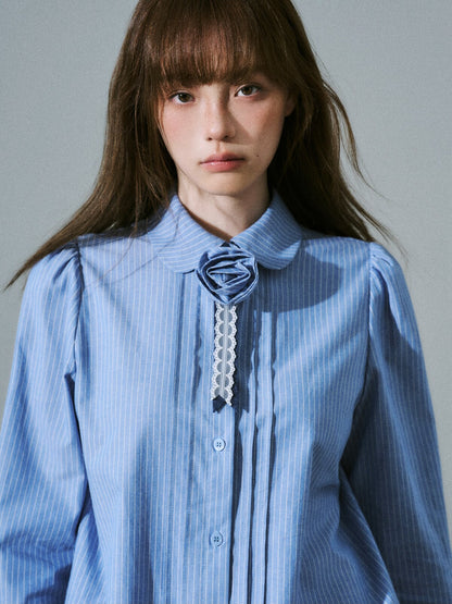 LOST FOREST - Flower Brooch Linen-Blend Shirt (Blue Stripe / Pink Stripe / Polka Dot)