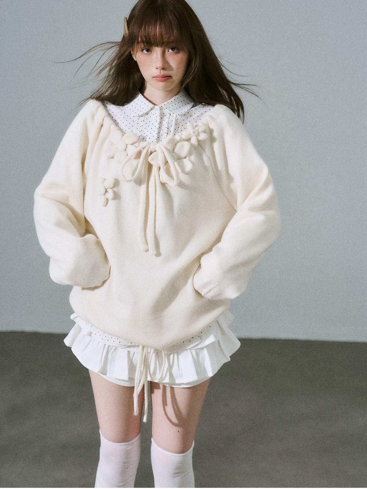 LOST FOREST - Cream Apricot Drawstring Knit Sweater