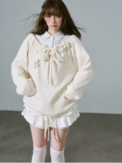 LOST FOREST - Cream Apricot Drawstring Knit Sweater