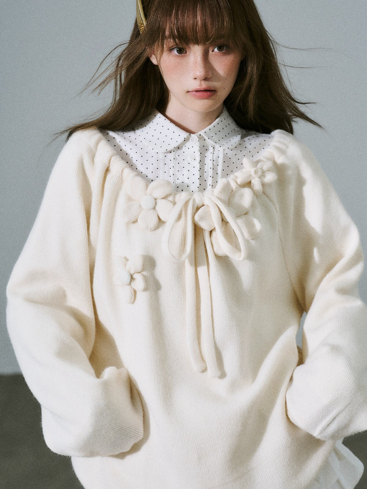 LOST FOREST - Cream Apricot Drawstring Knit Sweater