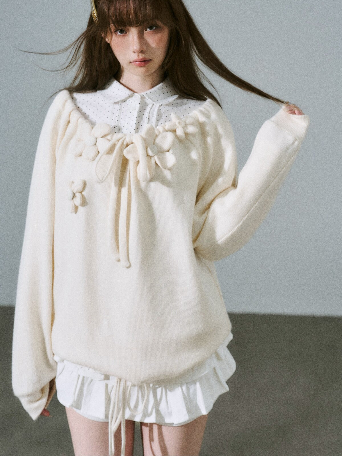 LOST FOREST - Cream Apricot Drawstring Knit Sweater