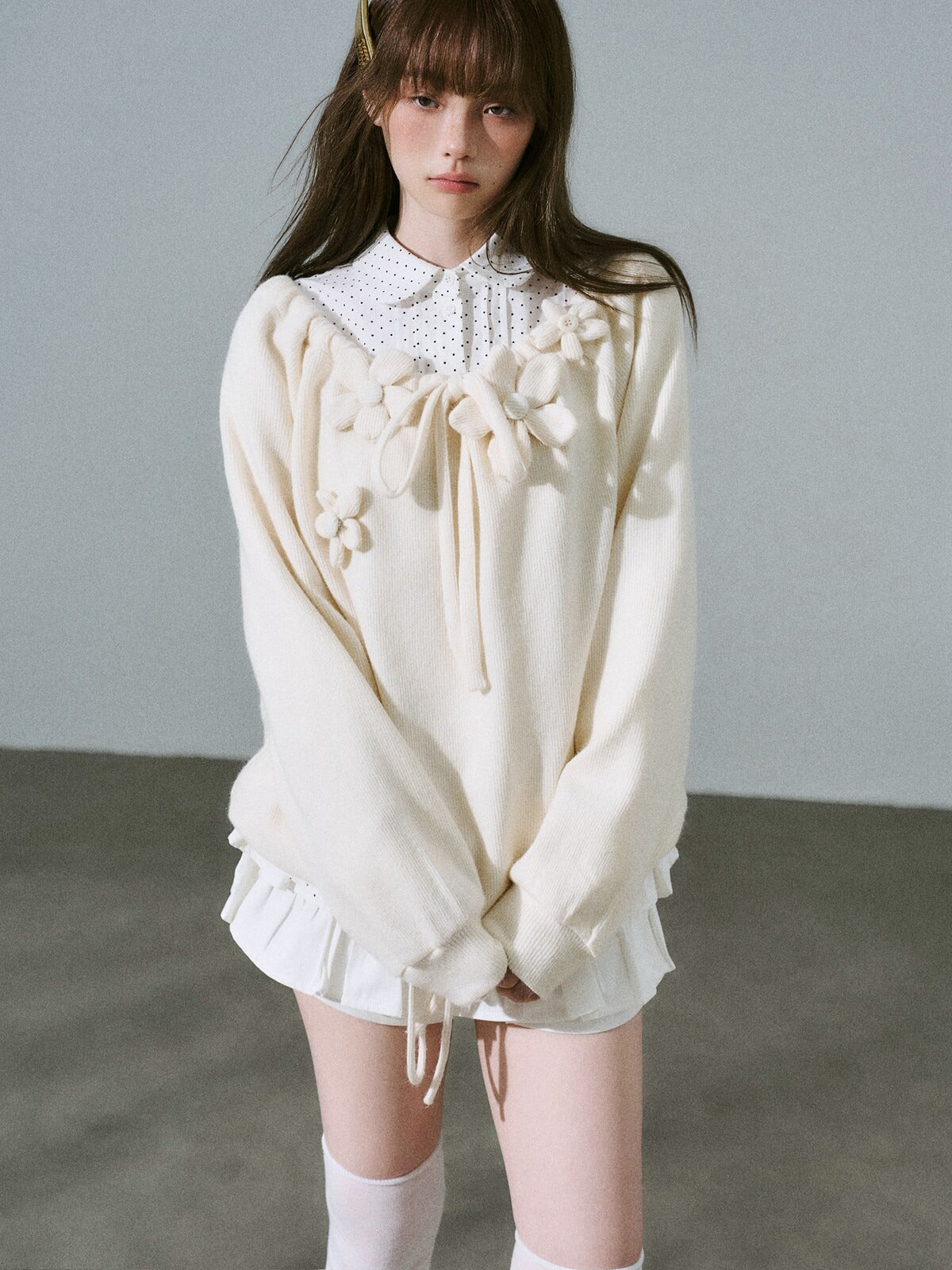 LOST FOREST - Cream Apricot Drawstring Knit Sweater