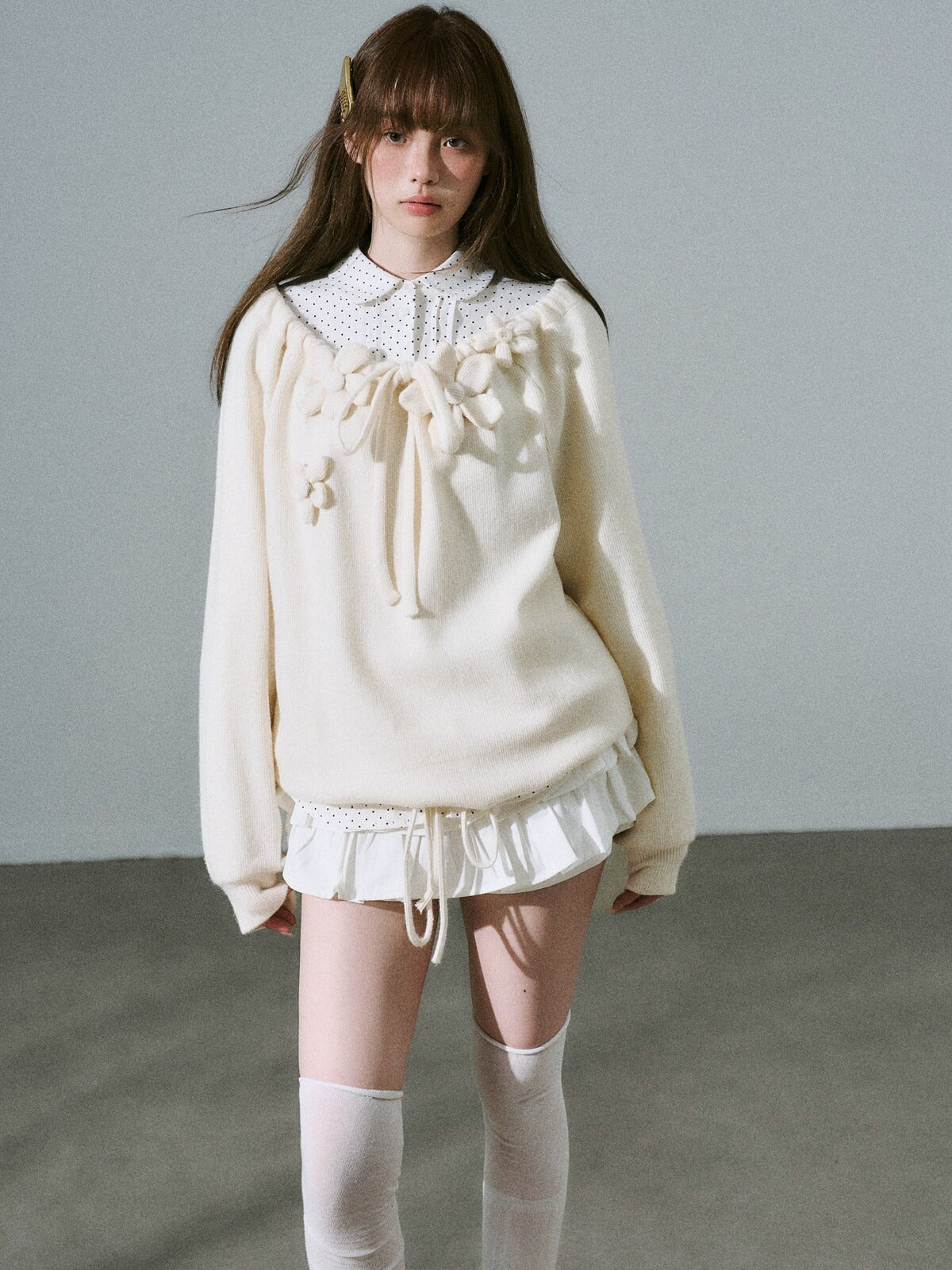 LOST FOREST - Cream Apricot Drawstring Knit Sweater