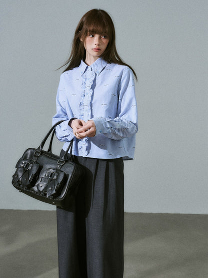 LOST FOREST - Blue Stripe Floral Jacquard Cropped Shirt