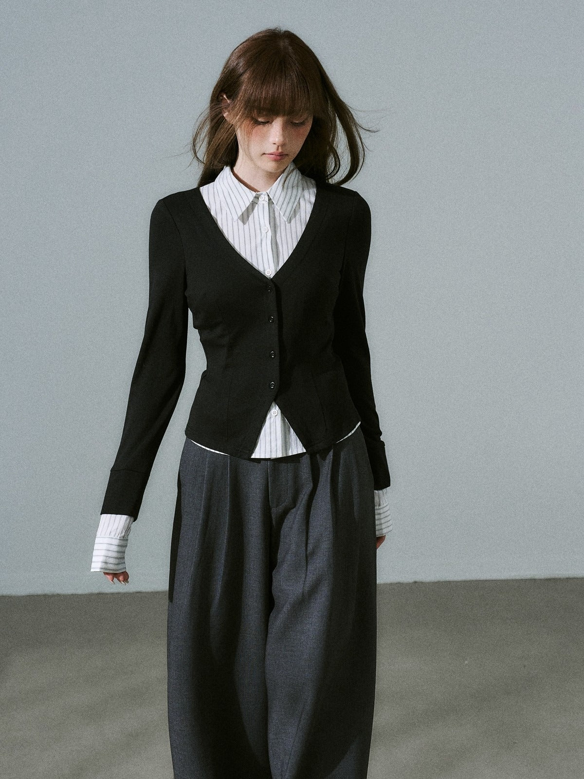 LOST FOREST - Black & White Stripe Layered Knit Top