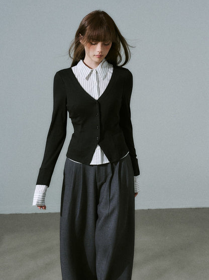 LOST FOREST - Black & White Stripe Layered Knit Top