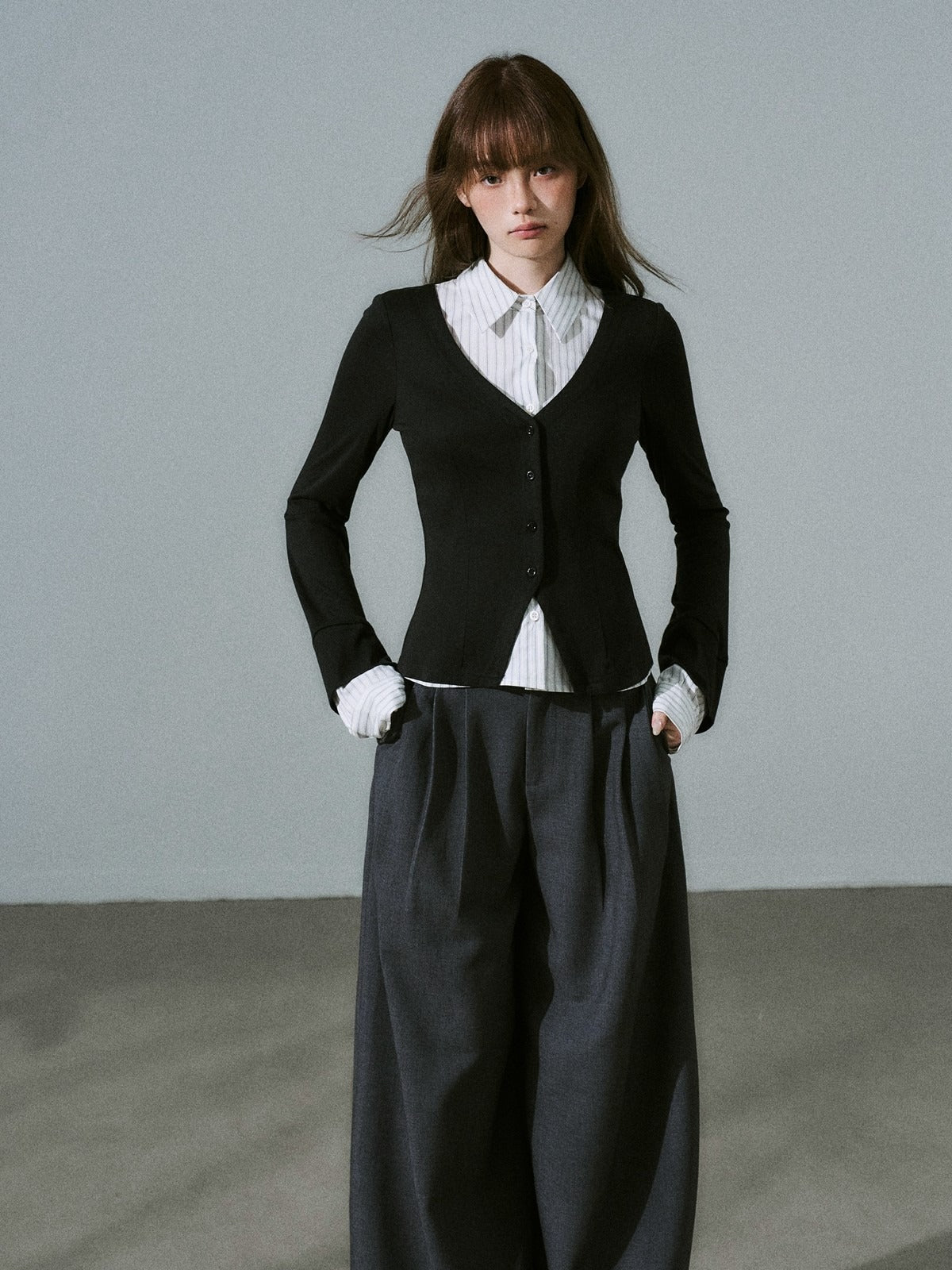 LOST FOREST - Black & White Stripe Layered Knit Top