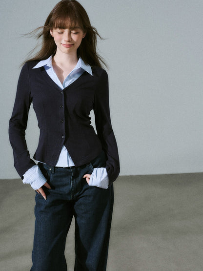 LOST FOREST - Blue Stripe Layered Knit Top