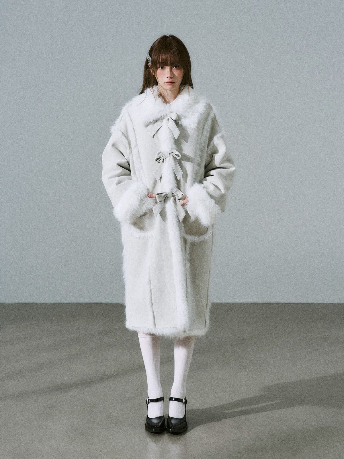 LOST FOREST - Silver Gray Faux Fur Long Coat