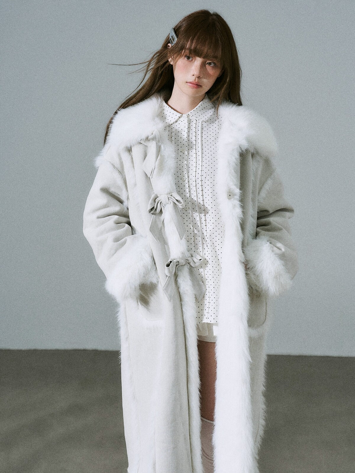 LOST FOREST - Silver Gray Faux Fur Long Coat