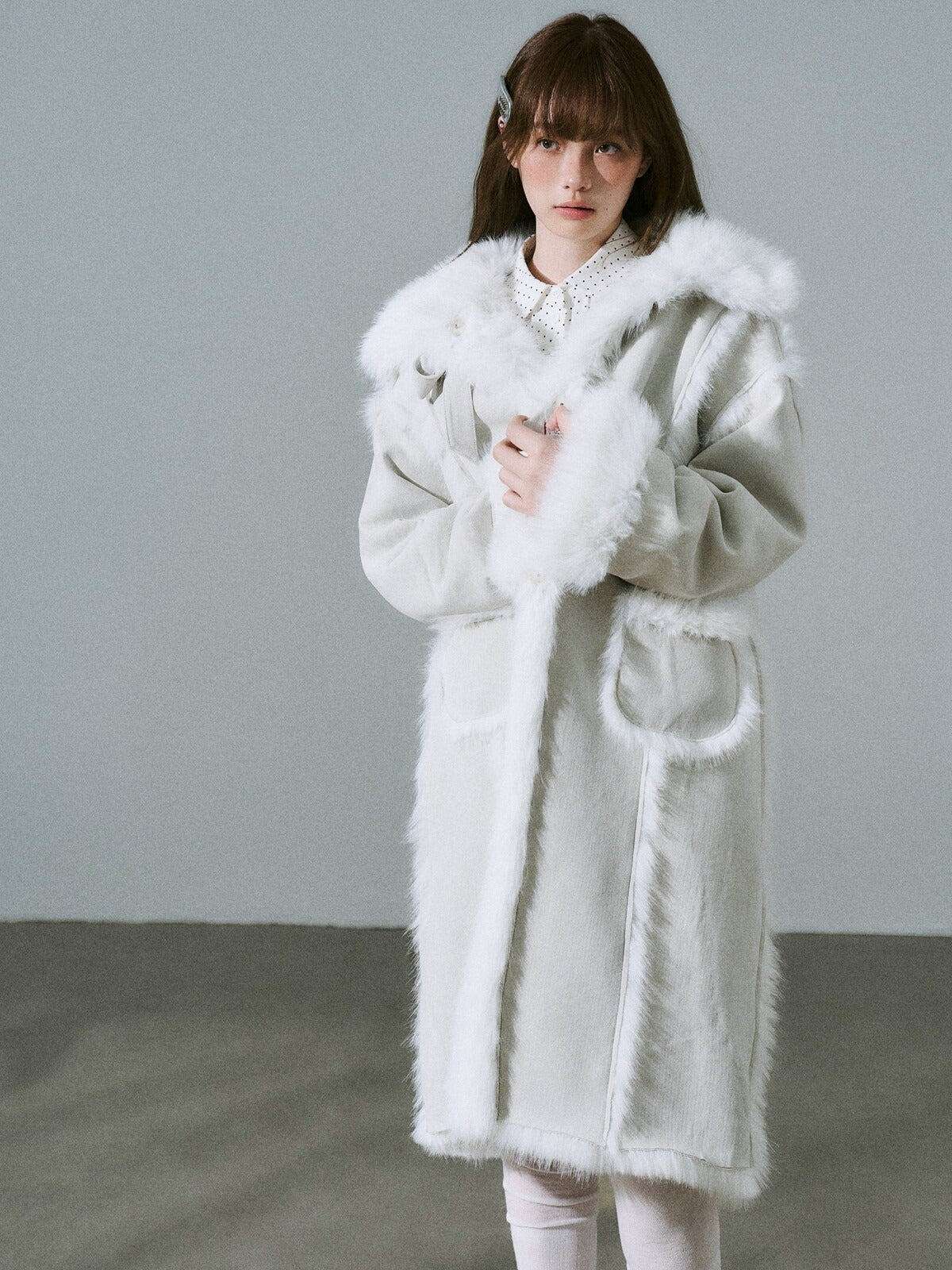 LOST FOREST - Silver Gray Faux Fur Long Coat