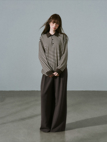 LOST FOREST - Brown Striped Polo Knit Top