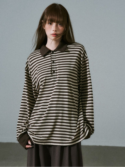 LOST FOREST - Brown Striped Polo Knit Top