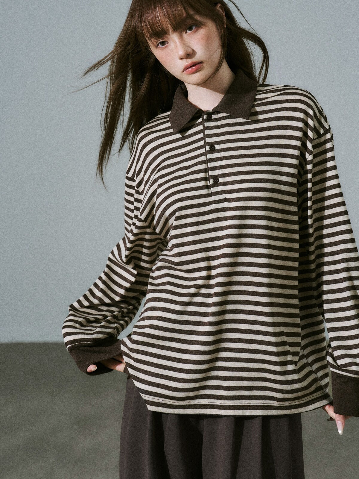 LOST FOREST - Brown Striped Polo Knit Top