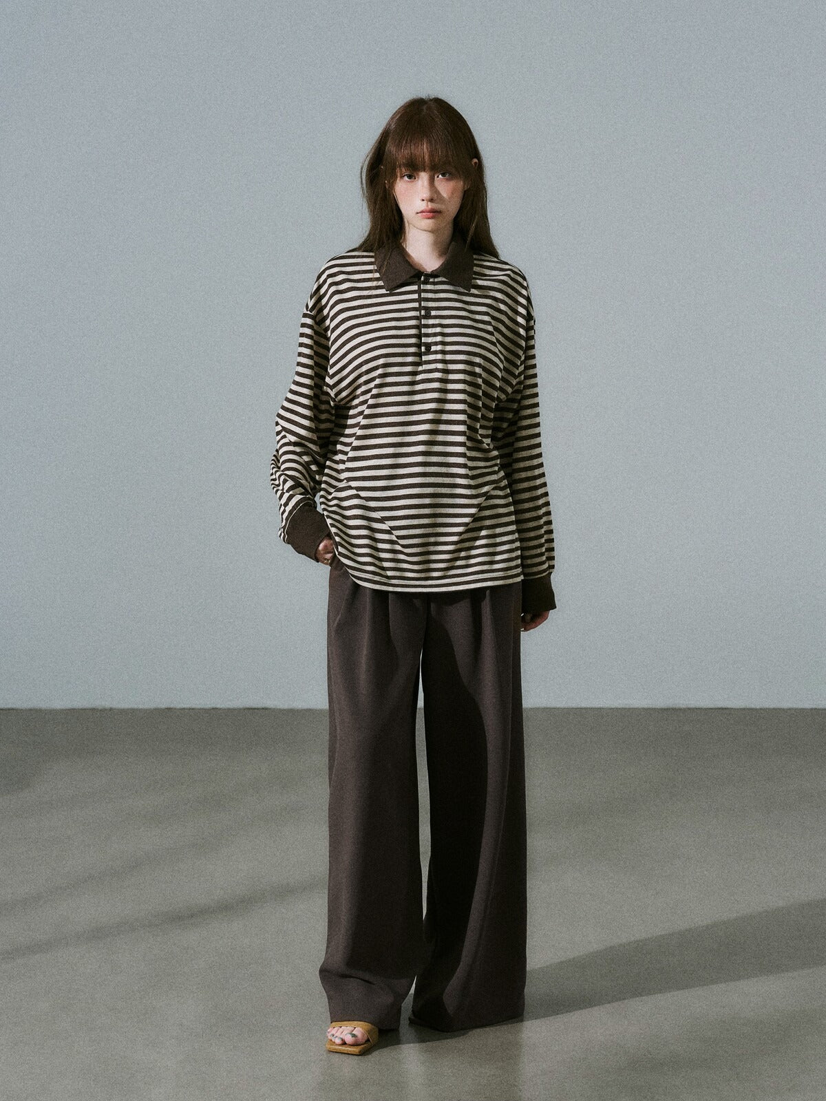 LOST FOREST - Brown Striped Polo Knit Top