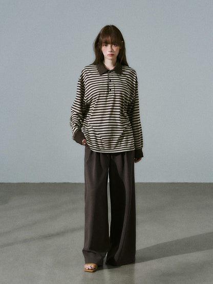 LOST FOREST - Brown Striped Polo Knit Top