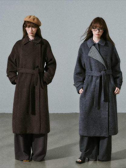 LOST FOREST - Red Brown Wool Blend Plaid Coat