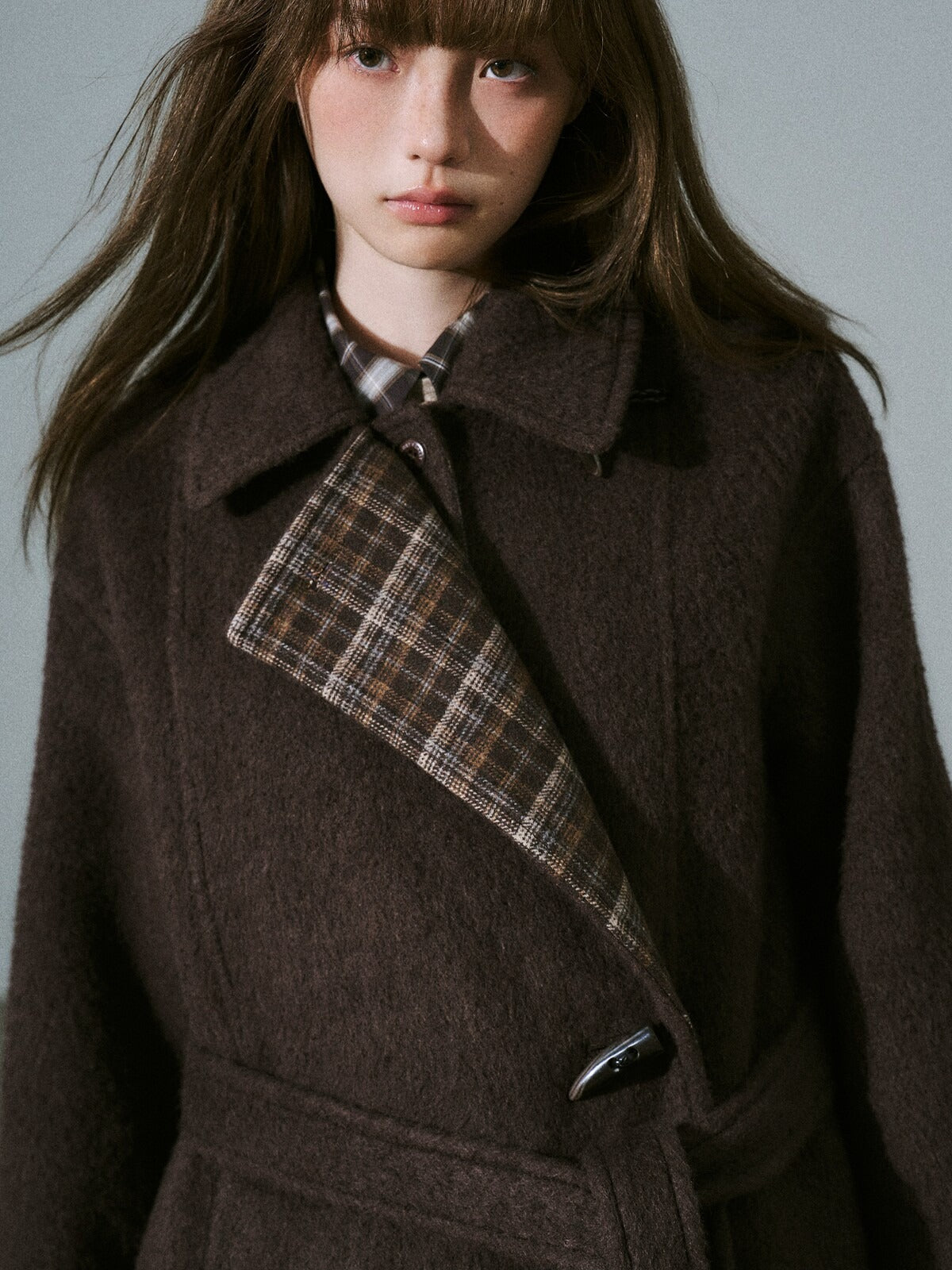 LOST FOREST - Red Brown Wool Blend Plaid Coat