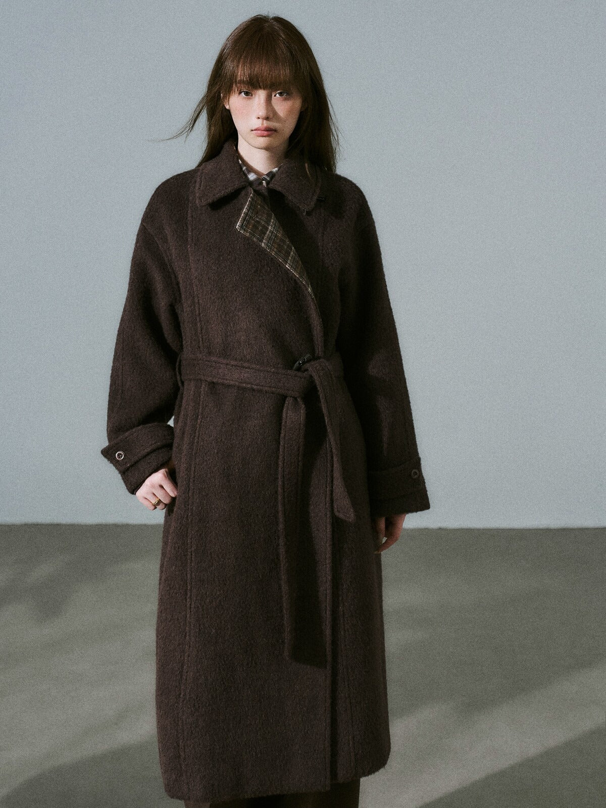 LOST FOREST - Red Brown Wool Blend Plaid Coat