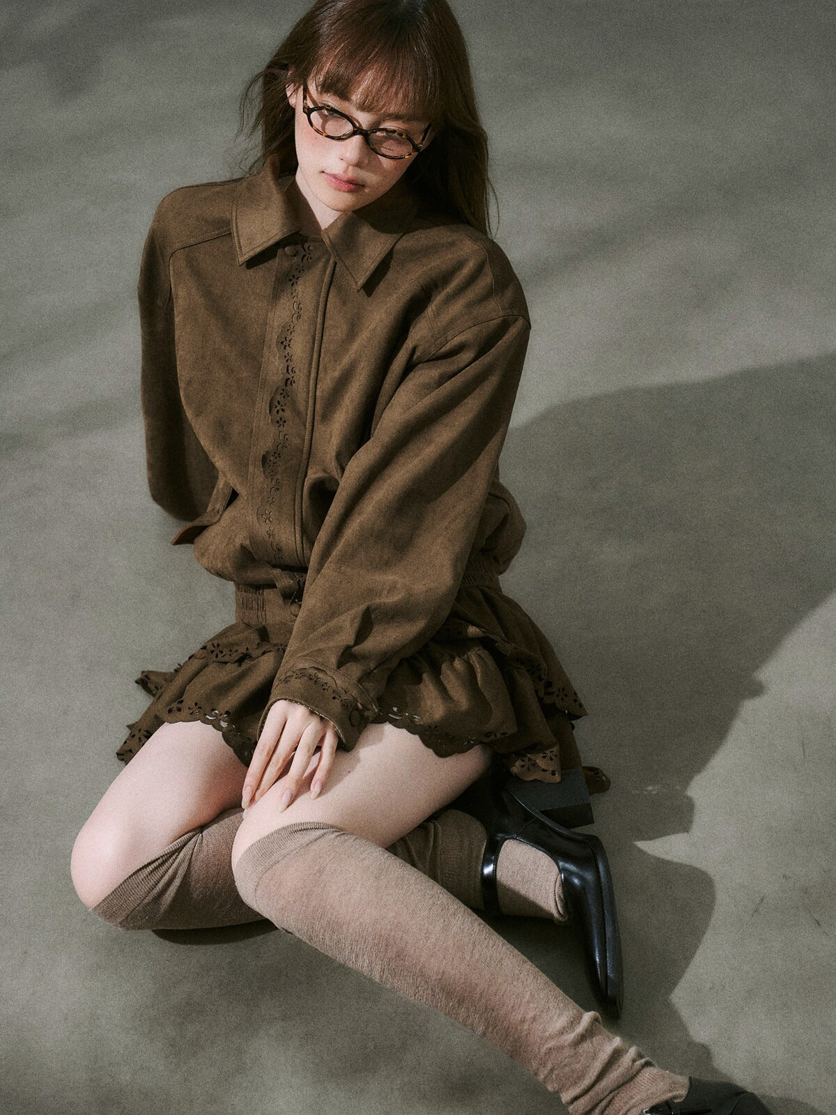 LOST FOREST - Vintage Brown Suede-Style Jacket & Skirt Set
